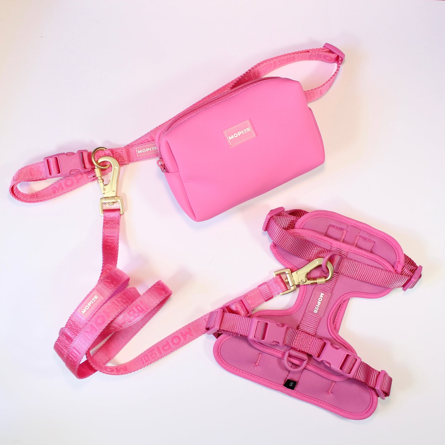 NEW Set Arnés+ correa + cinturón con mopibag hot pink